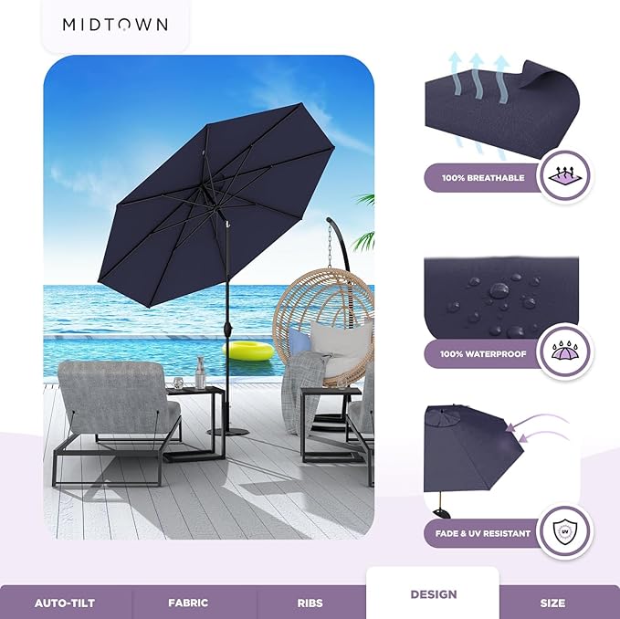 Midtown Umbrellas - 10-Year-No-Fade 6 Ft Patio Umbrella with Terylast Fabric, Auto-Tilt Aluminum Frame and 8 Reinforced Ribs for Deck, Pool, Garden & Beach - Navy Blue Canopy, Black Pole