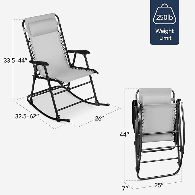 Best Choice Products Outdoor Folding Rocking Chair, Zero Gravity Lounge Chair, Patio Rocker w/Headrest Pillow - Ice Gray