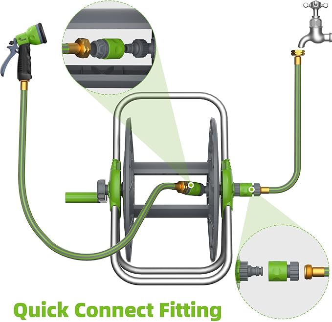 Water Hose Reel Cart, Holds 60-80 Ft of 5/8 Inch Hose, Green Wall Mounted Garden Hose Cart, Portable Hose Reel for Convenient Storage and Watering