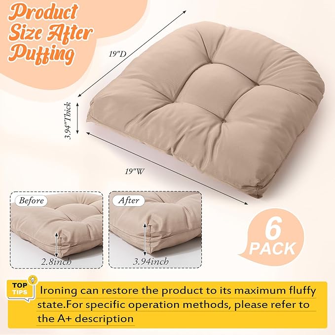 Thyle Outdoor Chair Cushions Set of 6 Waterproof Sun Protection Square Tufted Overstuffed Patio Furniture Seat Cushion for Patio Furniture Dining Indoor 19" x 19"(Khaki)