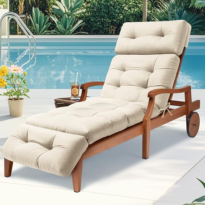 Waterproof Long Lounger Chair Cushion Outdoor Chaise Lounge Chair Cushionswith Ties, Patio Recliner Thickened Lounge Chair Cushions for Indoor 74.4 x 22 x 4.7 Inches, Cushion Only (Creme White)