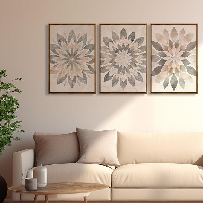 QTUSYUR Boho Mandala Wall Art - Large Farmed Neutral Minimalist Art Print - Farmhouse Floral Canvas Artwork for Bedroom and Living Room- Modern Elegant Flower Wall Pictures for Home Decor 16”×24”×3