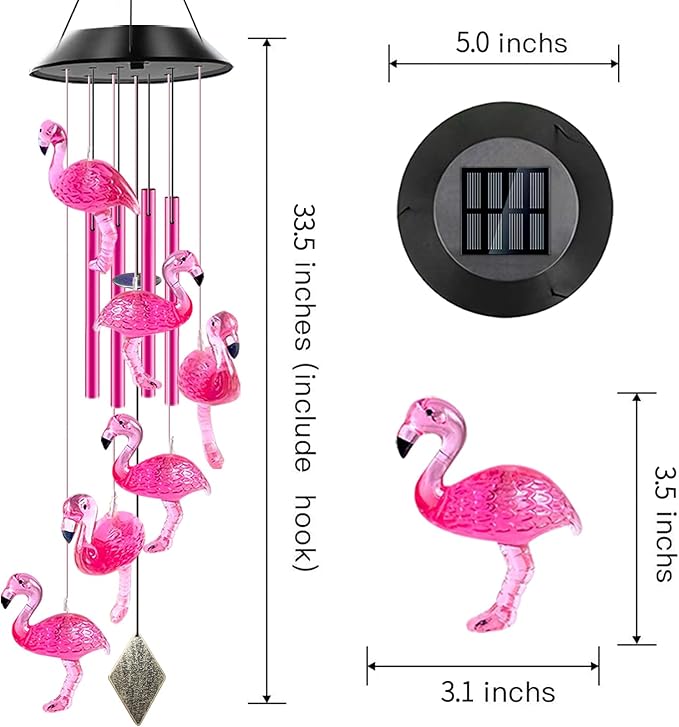 Solar Powered Flamingo Wind Chimes with 4 Music Aluminum Tubes, Flamingo Wind Chimes for Outside,Best Gifts for Mom Grandma Women Wife Aunt Sister, Unique Mobile Wind Chime, Garden Yard Decor