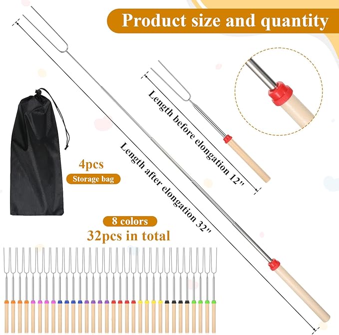 32 Pack Marshmallow Roasting Sticks Bulk 32 Inch Smores Kit for Fire Pit Extendable Metal Barbecue Skewers Hot Dog Fork for Marshmallow, Hot Dogs, Camping, BBQ, Grill