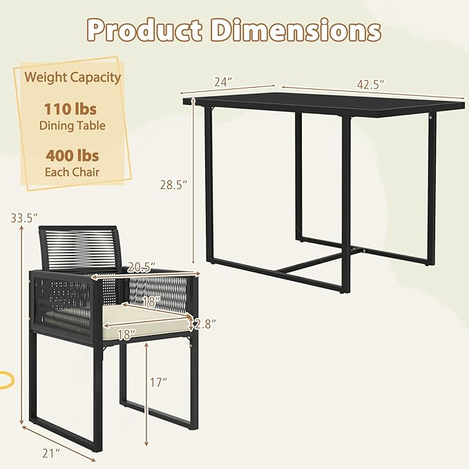 Tangkula 3 Pieces Patio Dining Set, Outdoor Space-Saving PE Wicker Bistro Set with Cushions, Patio Tempered Glass Top Table and Chairs Set for Porch, Garden and Backyard