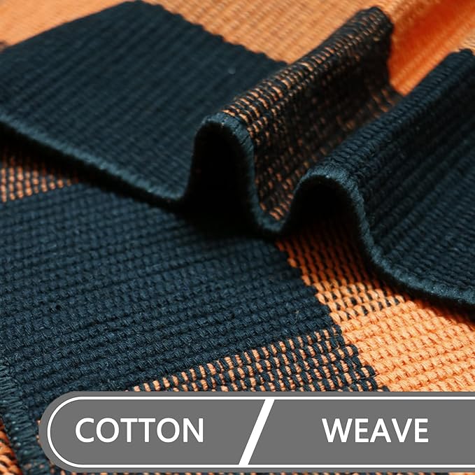 MUBIN Cotton Orange and Black Plaid Rug, 4 x 6 Ft Fall Outdoor Front Door Decorative Mat, Hand-Woven Rug for Layered Door Mats Washable Carpet for Porch, Entryway, Farmhouse, Autumn, Halloween