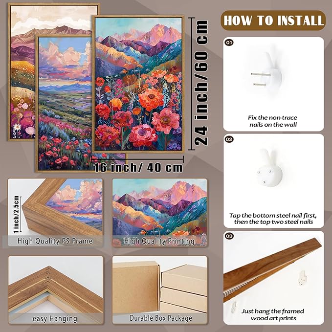 QTUSYUR Watercolor Wildflower Wall Art - Large Farmed Country Landscape Art Print - Colorful Mountain Floral Canvas Artwork for Farmhouse Living Room- Abstract Flower Painting for Home Decor 16”×24”×3