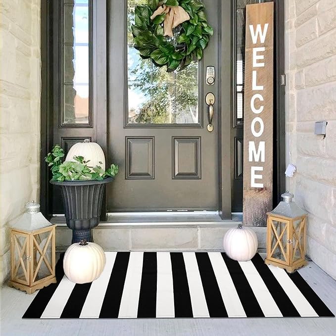 IOHOUZE Black White Striped Rug -2x4.3 Front Door Mats Outdoor,Washable Rug for Front Porch Decor,Spring Summer Welcome Mats Outdoor Indoor, Doormat for Farmhouse/Entryway/Home Entrance