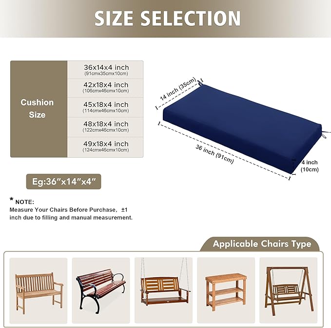 Outdoor Bench Cushion Waterproof 36"x14", Fade-Resistant Patio Furniture Replacement Pad with Ties - Also Fits Indoor Entryway Bench or Window Seat, Navy Blue