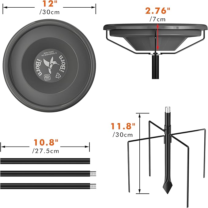 iBorn Bird Bath for Outside,36″ Freestanding Bird Bath with 3 Adjustable Height Pole,12″ BPA-Free Plastic Bowl,5-Prongs Base,Metal Pole and Plastic Birds Baths Bowl,Gray,1 Pack（Not Include Fountain）