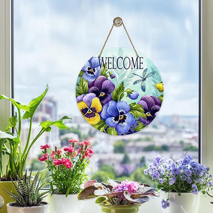 Deroro Welcome Spring Summer Floral Flower Sign for Front Door Decor, Pansy Dragonfly Wood Door Hanger for Outdoor Outside Porch, Seasonal Vintage Wooden Wreath Indoor Wall Hanging Decoration