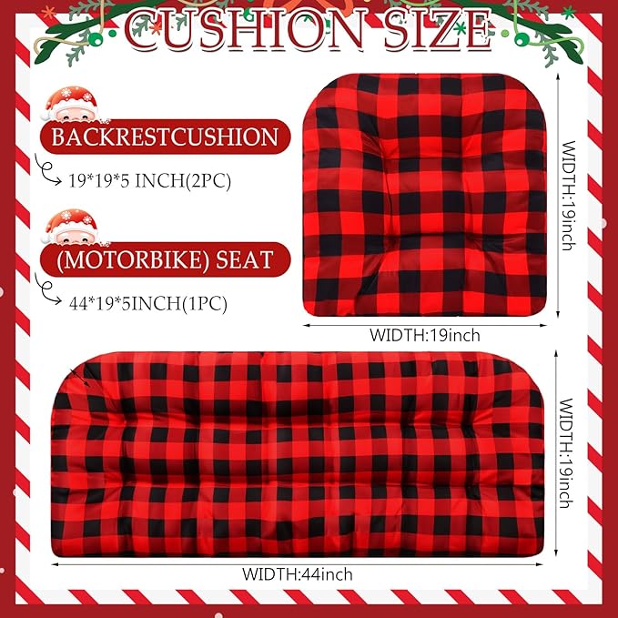 Barydat 3 Pack Wicker Furniture Cushions Waterproof Outdoor/Indoor Tufted Wicker Chair Cushions 1 Loveseat and 2 U-Shape Rattan Chairs for Patio Furniture, Rattan Love Seat, Bench(Red Plaid)