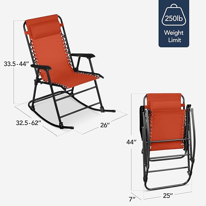 Best Choice Products Outdoor Folding Rocking Chair, Zero Gravity Lounge Chair, Patio Rocker w/Headrest Pillow - Burnt Orange