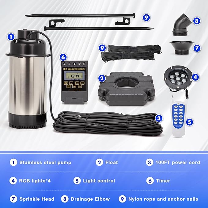 Stainless Steel Pond Fountain Aerator with 4 RGB Lights, Adjustable Light Color, Metal Floating Fountain Pump with 100FT Power Cord and Programmable Timer for Outdoor Large Ponds & Lakes