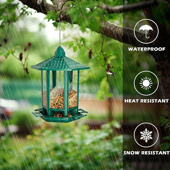 Birdream 2 Pack Bird Feeders for Outdoor Hanging, Retro Pagoda Design Fun Installation Bird Feeder, Attracting Wild Birds Chickadees Goldfinches Cardinals Finches and Sparrows - Green
