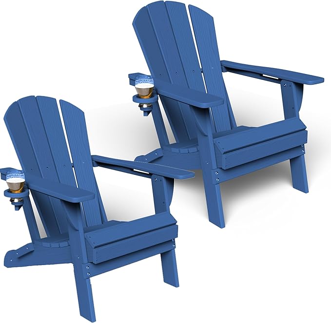 GLANC Folding Adirondack Chair Set of 2, HDPE All-Weather Outdoor Patio Fire Pit Chairs Lawn Chair for Poolside Backyard Deck Balcony, Wooden Textured with Cup Holder, 380LBS Capacity (Navy Blue)