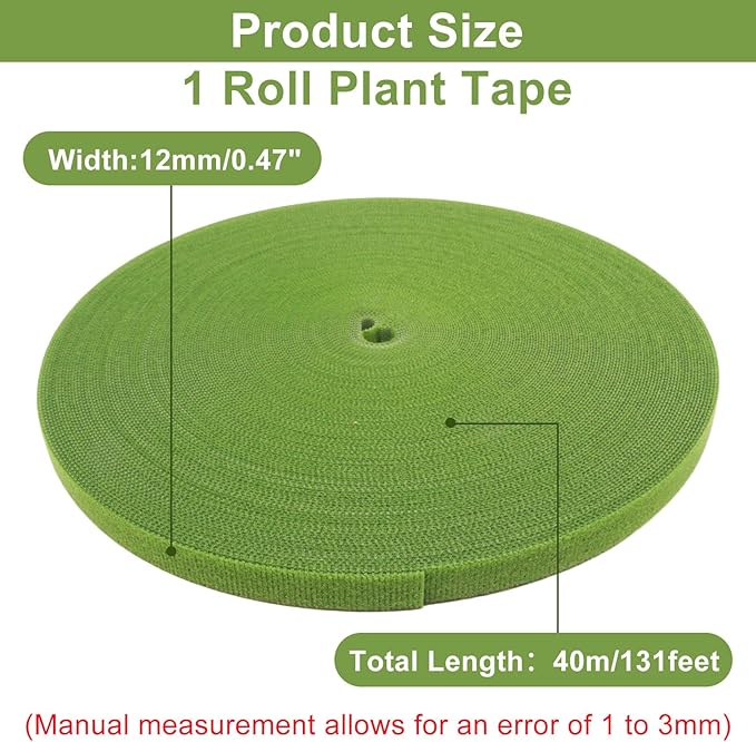 1 Roll 131 Feet/40M Plant Tape, Reusable Double-Sided Hook and Loop Tape, Width 12mm/0.47" Garden Tie for Climbing Plants Fastening Support, Cable Wire Management Strap (Green)