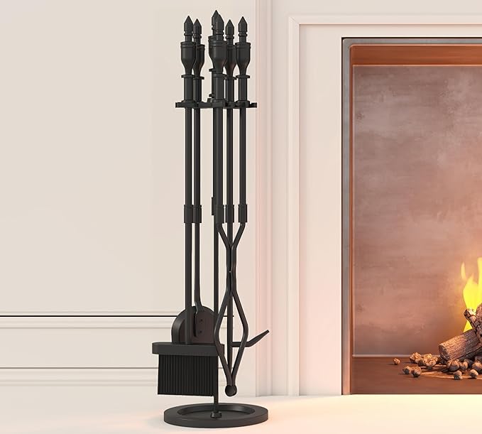 5-Piece Wrought Iron Fireplace Tools Set with Handles Indoor Fireplace Accessories for Modern Décor and Outdoor Fire Pits Includes Poker, Tongs, Shovel, Brush, and Wood Stove Hearth Stand