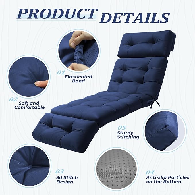 Waterproof Long Lounger Chair Cushion Outdoor Chaise Lounge Chair Cushions with Ties, Patio Recliner Thickened Lounge Chair Cushions for Indoor 74.4 x 22 x 4.7 Inches, Cushion Only (Blue)
