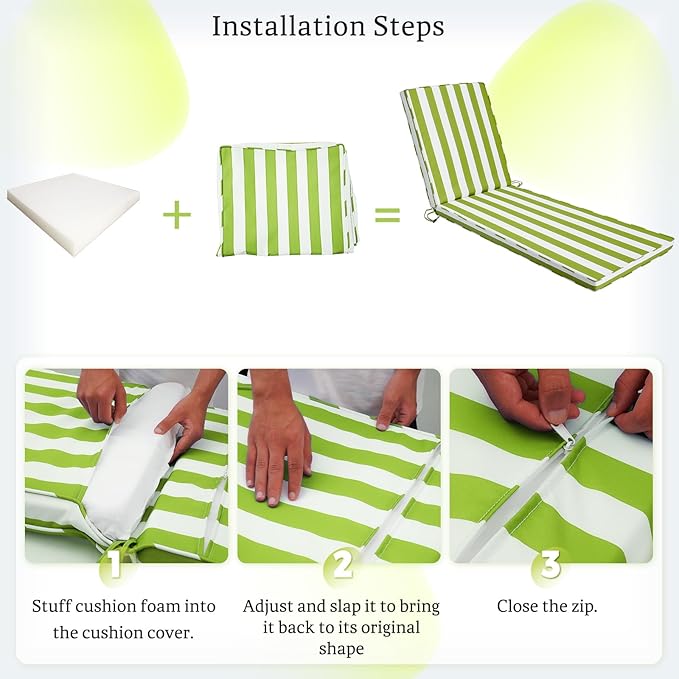 Chaise Lounge Cushions Outdoor Set of 2, 71"x22"x3" Patio Lounge Chair Furniture Cushions with Washable Covers for Pool, Patio, Lawn (Green+White Stripes, 2 Pcs)