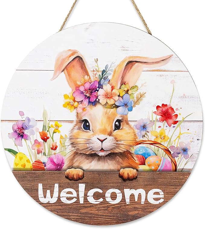 Easter Decorations for Front Door: Spring Wreath Bunny 3D Welcome Sign for Wall Decor Rabbit Wreaths Hanging