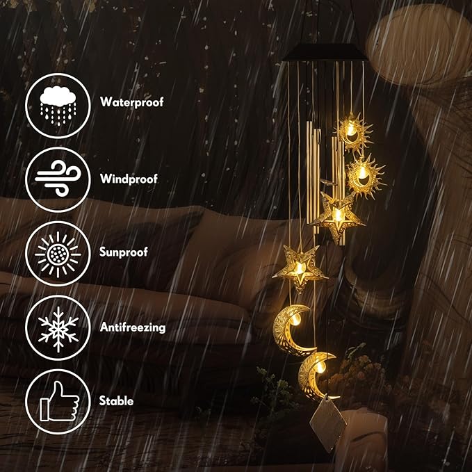 Solar Wind Chimes for Outside Waterproof Hanging Wind Chimes Lights Outdoor Decor Yard Garden Gifts for Mother Mom Grandma Wife Neighbors(Sun Moon Star,Warm Colored Lights)