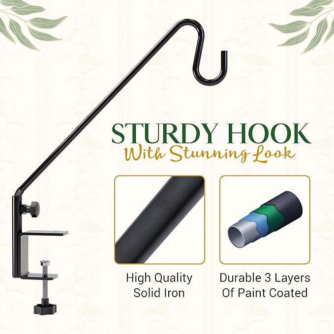 Idzo 18 Inch Railing Hook, Deck Hook for Bird Feeder Pole, Durable 3-Layer Powder Coated Steel, Shepherds Hooks for Outdoor, 360° Rotation, Sturdy Deck Railing Bracket for Hanging Decorations, Black