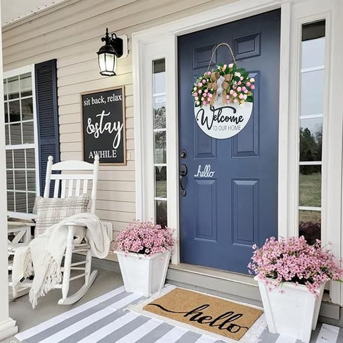 3D Spring Summer Welcome Wreaths for Front Door, Wood Door Hanger,Floral Porch Decor,Wall Plaque, Pink Flower Wreath,Farmhouse White Welcome Sign for Front door-13
