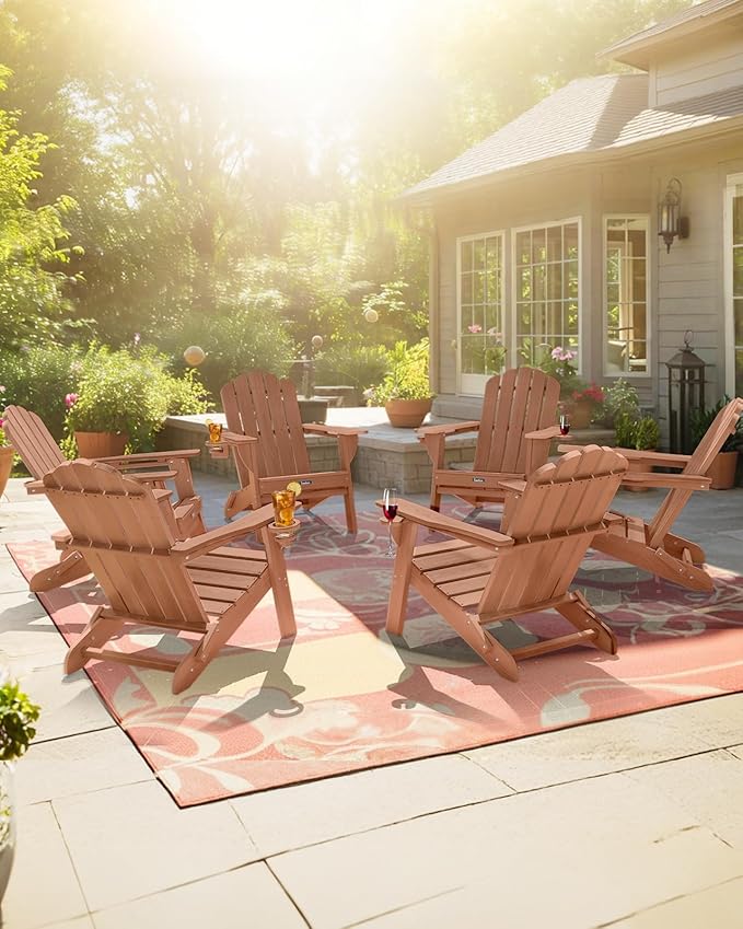 Adirondack Chair Set of 6, HDPE Material Fire Pit Chairs, Plastic Adirondack Chairs with 2 Cup Holder, Outdoor Lawn Chair for Patio Garden,Teak