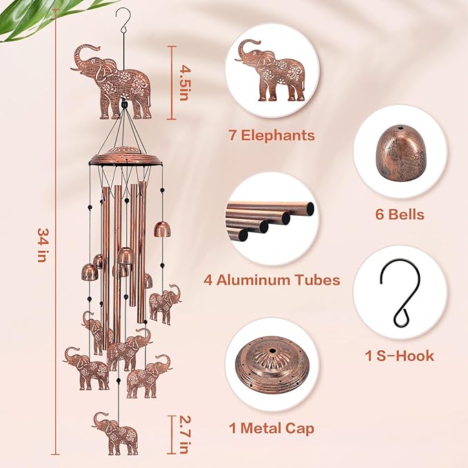 Elephant Wind Chimes Outdoor Elephant Gifts for Women/Men/Mom/Grandma/Wife Birthday Gifts Memorial Gift Metal WindChimes for Outside/Indoors, Home, Lawn, Porch, Patio, Garden Decor, Yard Decorations