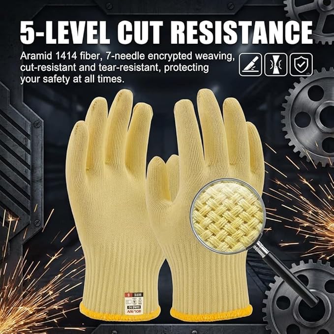 High Heat Resistant Aramid Safety Gloves,Cut Protection Work Gloves for Automotive Mechanic, Construction, TIG Welding & BBQ Grilling - Seamless Knitted, High Dexterity（M, 2 Pairs）