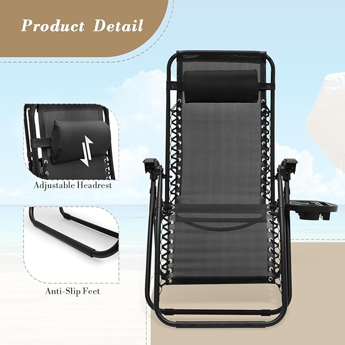 Athena Collection Zero Gravity Chair, Outdoor Lounge Chair with Adjustable Pillow and Cup Holder, Reclining Camping Chair for Outside Beach Lawn Garden Patio Poolside Set of 2 - Black
