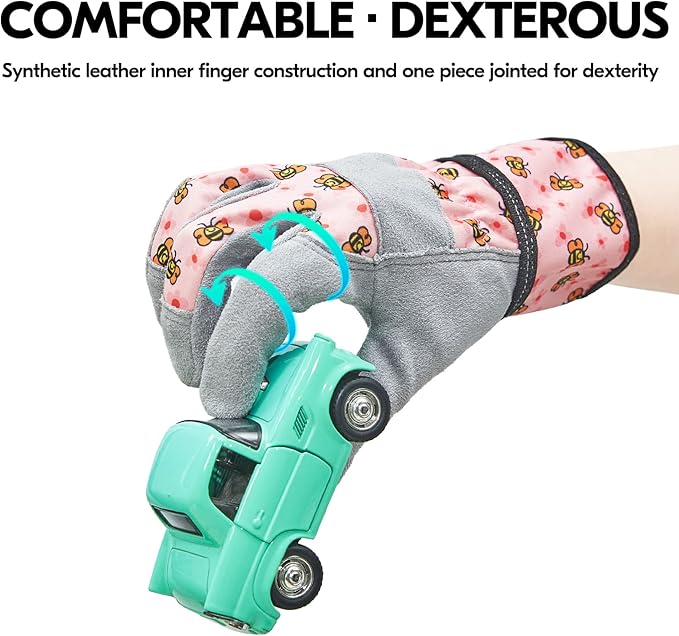 Vgo... 1-Pair Age 6-7 Kids Gardening Gloves,Children Yard Work Gloves,Soft Safety Outdoor Playing Gloves(Size L, Pink Bee, KID-MF3561)