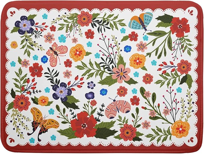 Large Microfiber Dish Drying Mat Red Floral Absorbent Drying Pad for Kitchen Counter