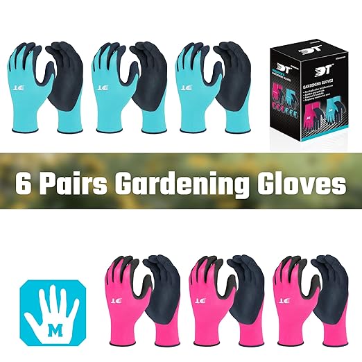 DT 6 Pairs Garden Gloves, Work Gloves with Latex Coating, Pink & Blue, Large, for Gardening, Yard Work