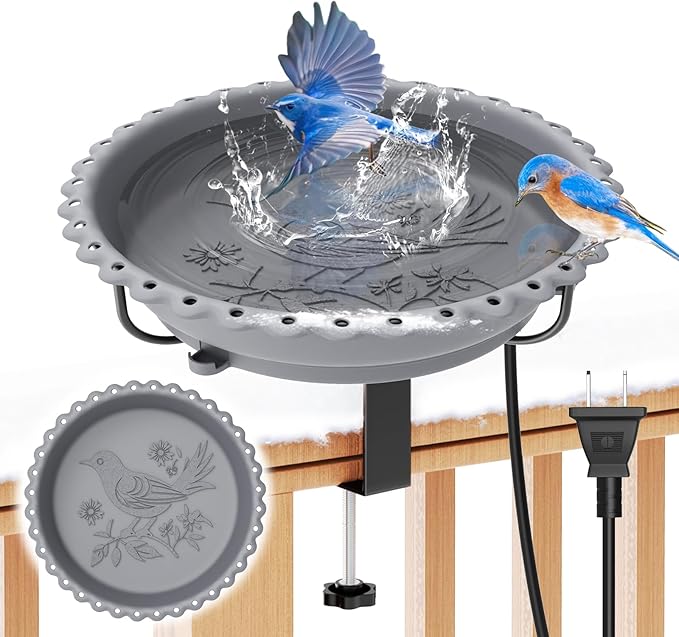 Heated Bird Baths for Outdoors, Upgraded 100W Thermostatically Controlled Heated Bird Bath for Deck Railing Large Capacity Heated Birdbath for Outside Winter Garden Yard Patio Lawn (Grey)