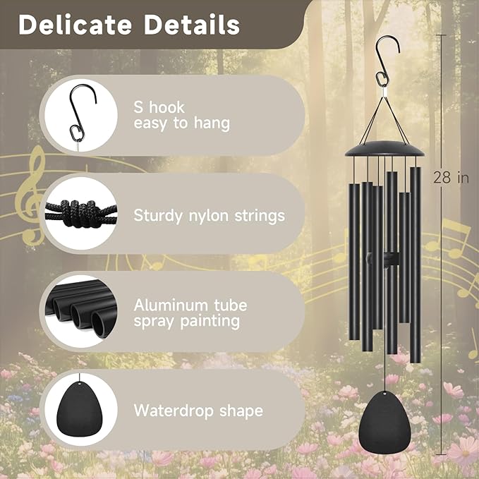 28" Wind Chimes for Outside, Metal Outdoor Wind Chimes with Soothing Melodic Tones, Wind Chime Unique Gift for Mom, Grandma, Perfect Outdoor Garden Decor(Waterdrop-Shape)