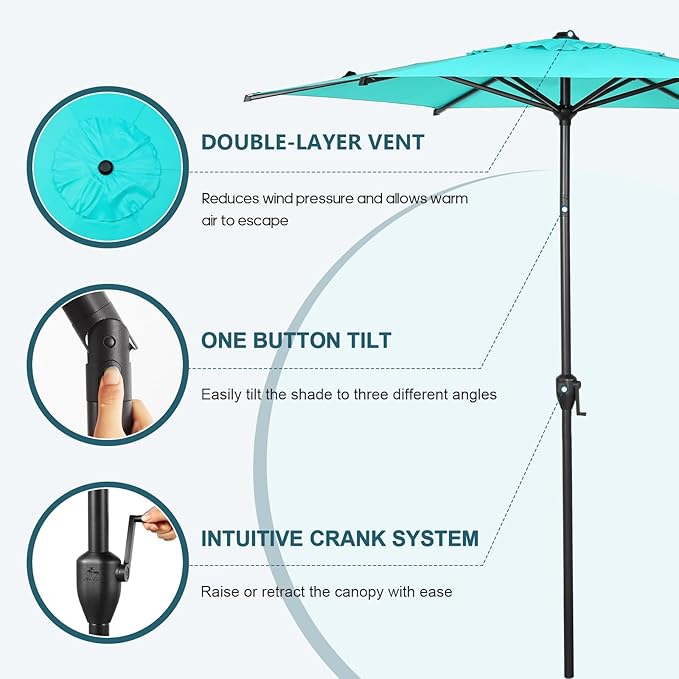 Abba Patio 7.5FT Lyon Outdoor Patio Umbrella Outdoor Table Umbrella with Push Button Tilt and Crank Market Umbrella 6 Sturdy Ribs UV Protection Waterproof for Garden Deck Backyard Pool, Turquoise