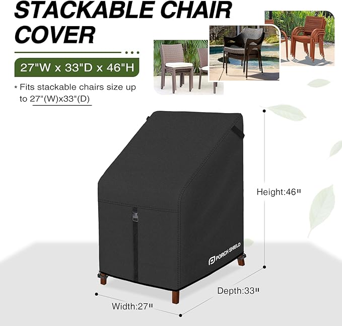 Porch Shield Patio Stackable Chair Covers - Waterproof Outdoor Stack of Chair Cover 2 Pack - 27W x 33D x 46H inch, Black