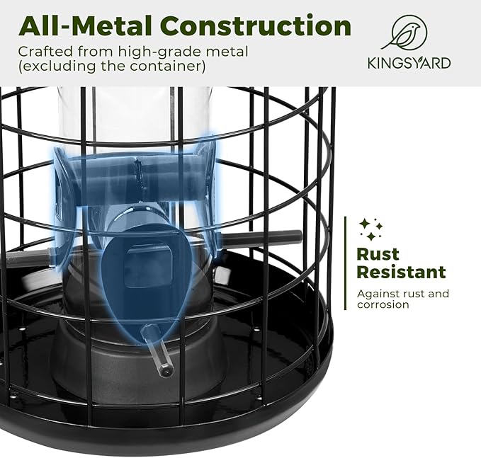 Kingsyard Upgraded Squirrel Proof Caged Bird Feeder for Outdoor Hanging - Additional Storage Tube Bird Feeder with 4 Feeding Ports & Perches, Easy to Clean & Refill. Black