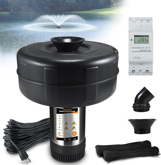 Pond Fountain Aerator, 1HP 16000 GPH 750W 110V/120V Stainless Steel Floating Fountain Pump With 100ft Power Cord & Rope & Timer for Small Large Outdoor Ponds & Lakes