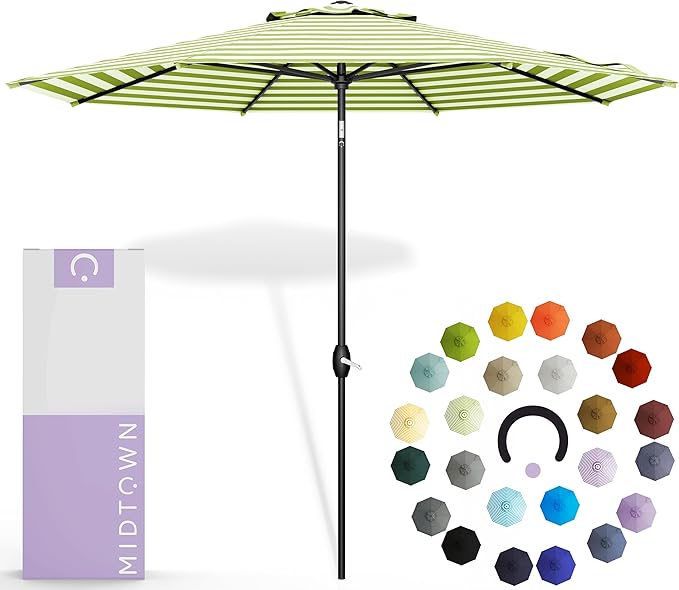 Midtown Umbrellas - 10-Year-No-Fade 9 Ft Patio Umbrella with Terylast Fabric, Auto-Tilt Aluminum Frame and 8 Reinforced Ribs for Deck, Pool, Garden & Beach - Green/White Stripes Canopy, Black Pole