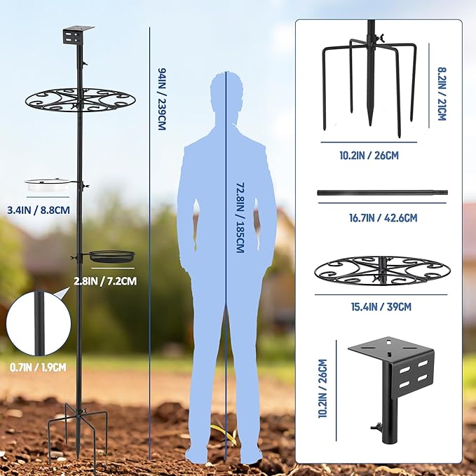 Bird Feeder Pole Stand with Semicircular Hook - Outdoor Bird Feeding Station Set: Bird House Frame, Mesh Tray & Wind-Resistant Water Bowl with Metal Snap Fastening