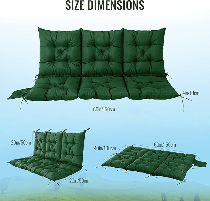 NACATIN 3 Seat Cushion for Outdoor Swing - 60x40 inches, 4" Thick Porch Swing Cushions with Ties and Storage Bag, Waterproof Bench Cushions for Patio, Outdoor, Backyard and Garden (Dark Green)
