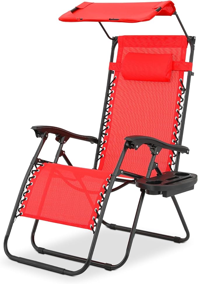 Magshion Zero Gravity Lounge Chair with Canopy, Outdoor Foldable Patio Reclining Chair with Side Tray, Adjustable Anti-Gravity Recliner with Pillow Headrest, Lounger for Lawn Camping Beach (Red)