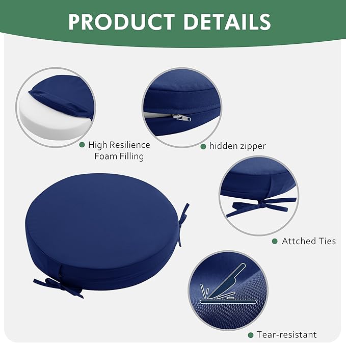 Outdoor Bistro Chair Cushions Set of 4, 15" D x 3" H Round Chair Cushions Waterproof and Fade Resistant Chair Cushion Pads with Non-Slip Ties and Removable Covers for Garden, Navy Blue