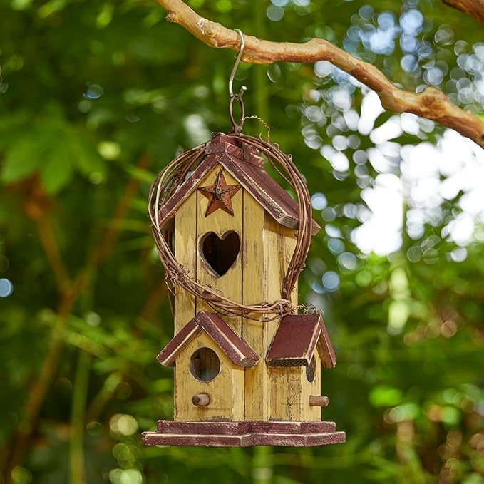 Glitzhome Birdhouses for Outdoors,Hummingbird Houses for Outside, 11.5"H Yellow Hand Painted Distressed Solid Wood Bird Nesting Box Decorative Birdhouse with Rattan Hanging Bird House for Patio Garden