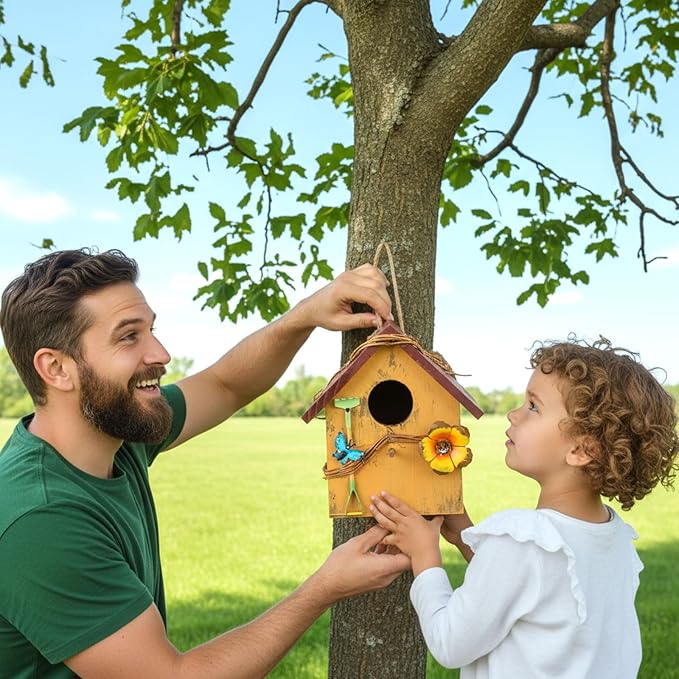 2 Pcs Decorative Birdhouse for Yard Outside Hanging Wooden Birdhouse Hand Painted Bird Box for Bird Lovers Bluebird Tree Swallow Wild Chickadee Garden Decor(Blue,Yellow,Wooden Roof)