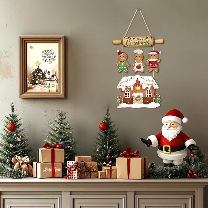 CHDITB Merry Christmas Wood Sign, Gingerbread House Front Door Sign, Festive Hanging Signs, Christmas Wall Hanging Plaque, Xmas Wall Decor for Outdoor Porch Yard Home Decor