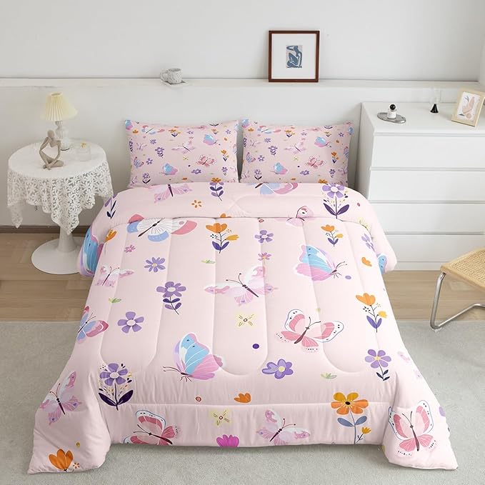 Erosebridal Cute Pink Floral Twin Comforter Set,Butterfly Kawaii Bedding Sets for Girls Kids,Flower Garden Quilt Bed Set,Coquette Girly Flowers Bedroom Decor,1 Pillowcase Breathable